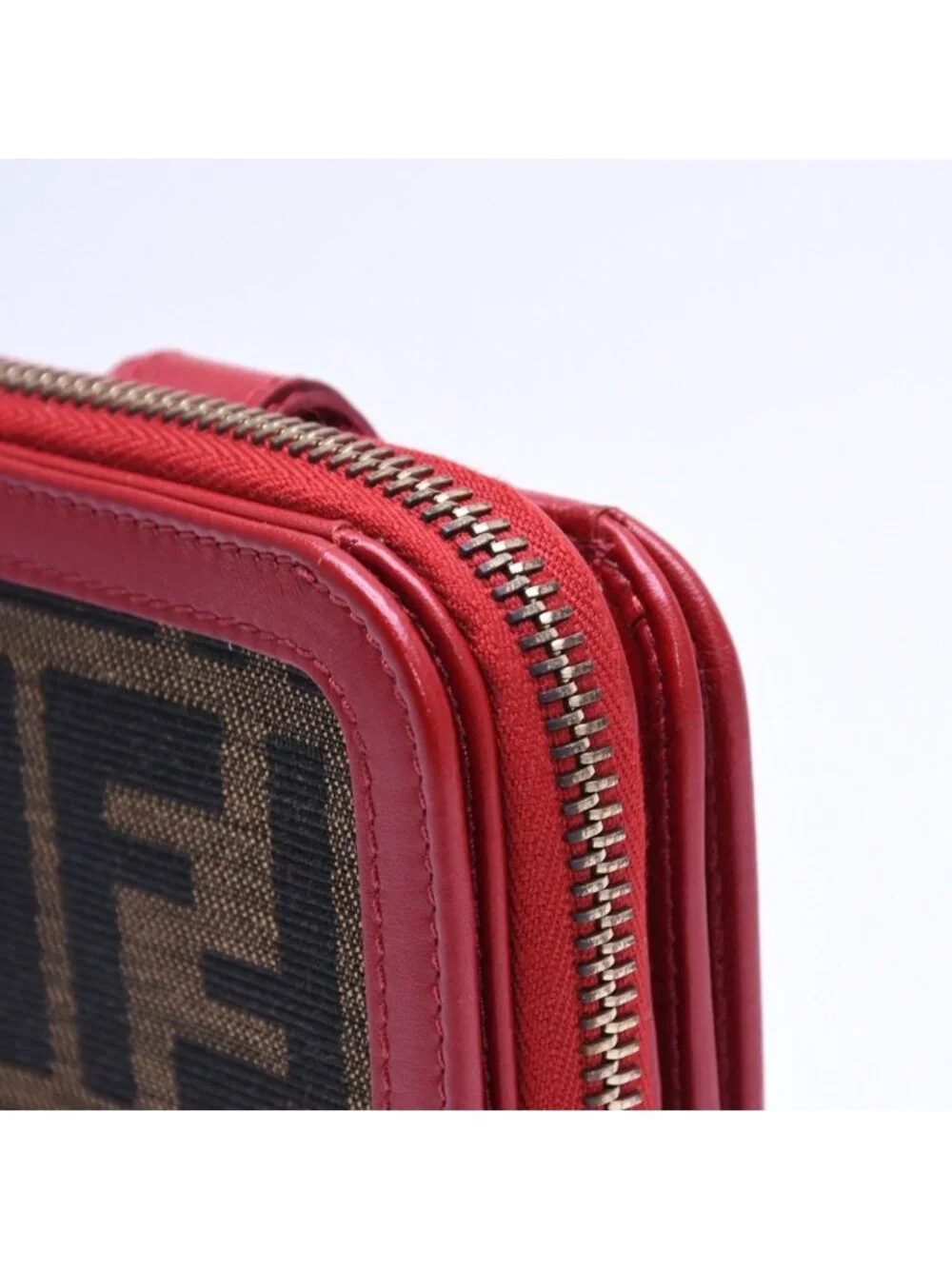 Fendi Compact Wallet Bifold Zucca Pattern Canvas Leather Brown Red Gold